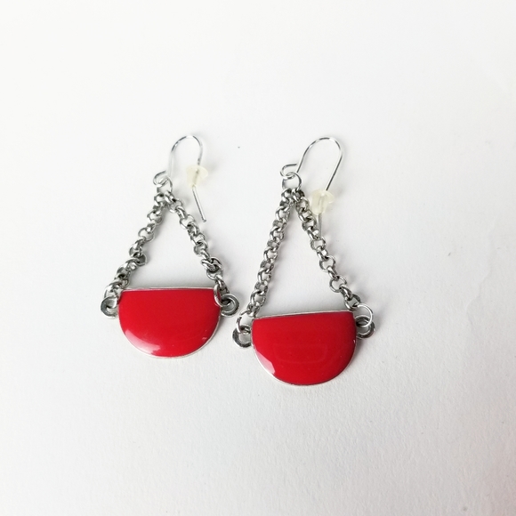 Retro Red Enamel & Silver Tone Necklace & Earrings - Picture 12 of 14